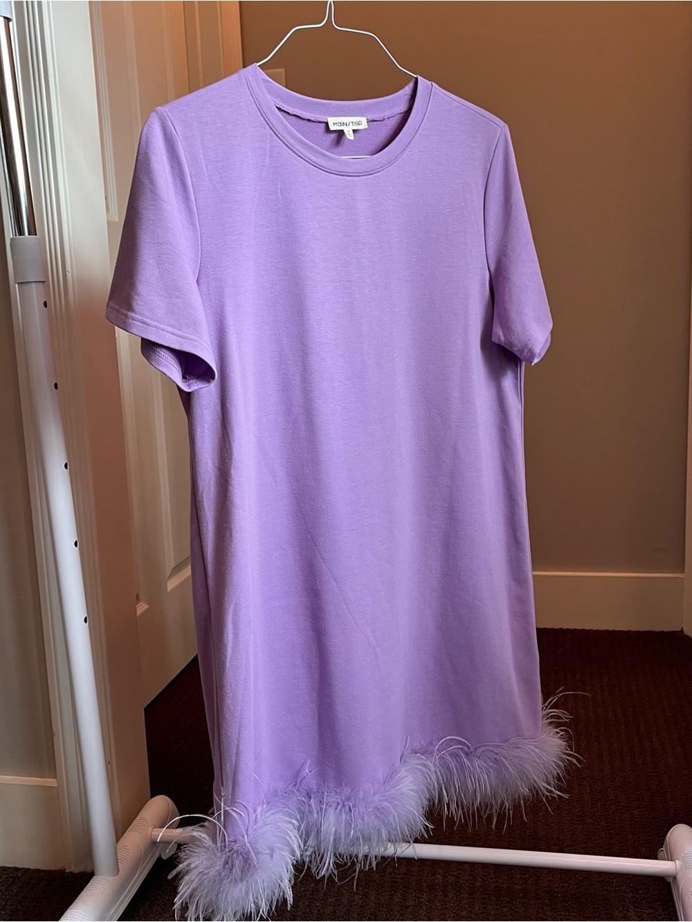 Main Strip Lilac Feather-Hem Casual Dress